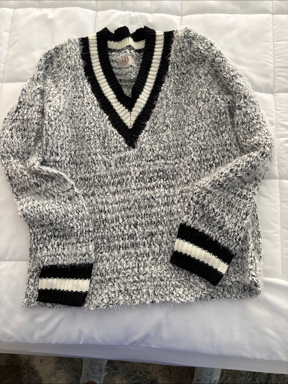 Heritage Black and White Marled V-Neck Sweater